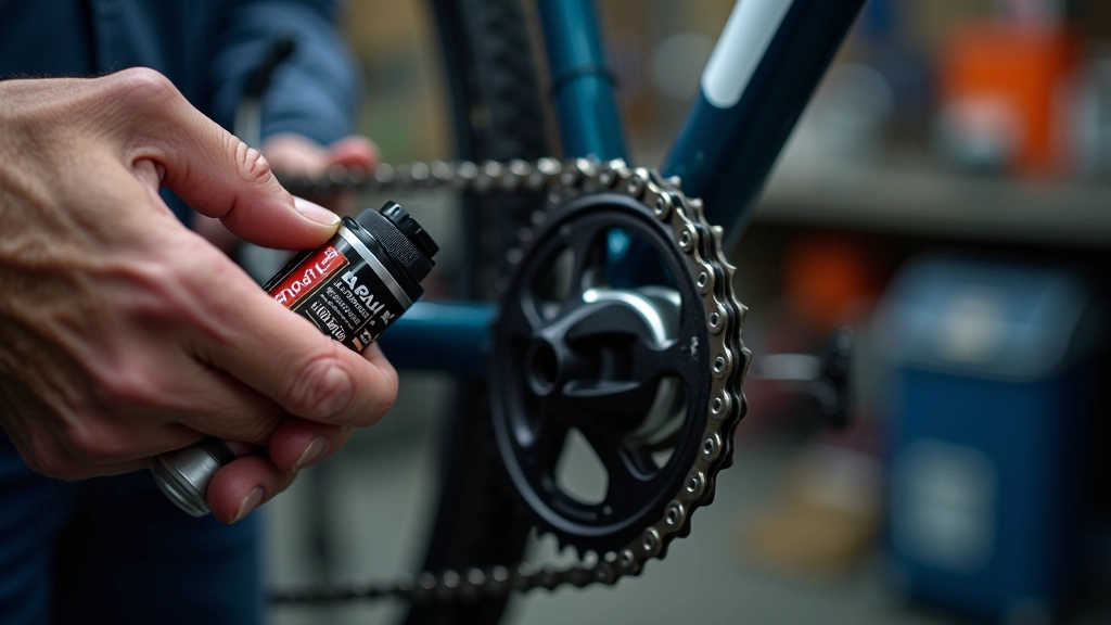 Bicycle chain being lubricated with marine-grade lubricant, close-up detail shot showing drivetrain components