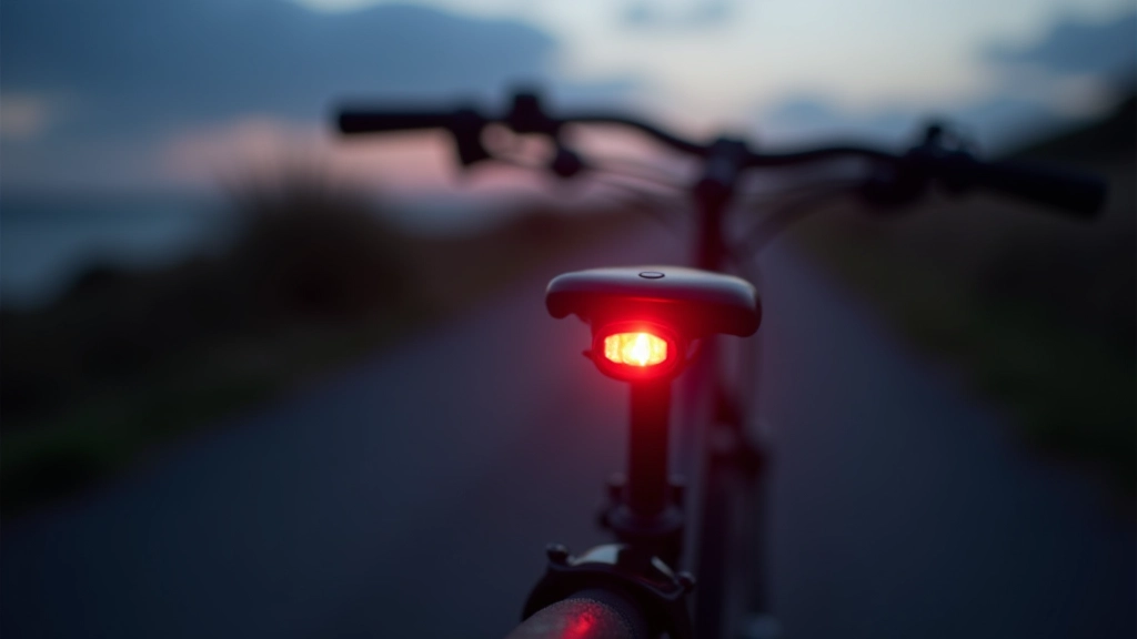 Bicycle with red tail light attached, photographed at dusk with path visible