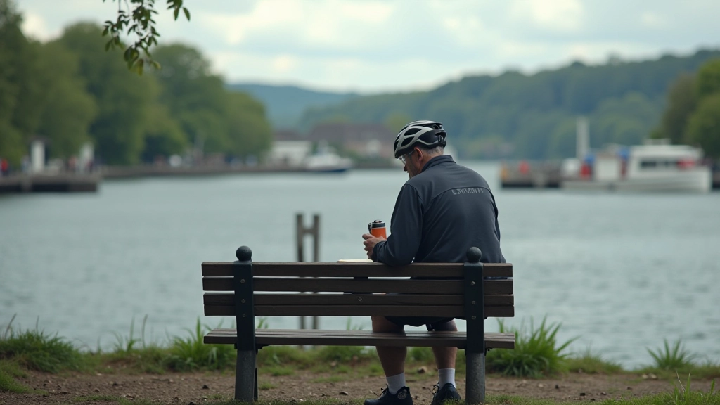 Cyclist resting on bench near water's edge with thermos flask and snacks, scenic estuary view