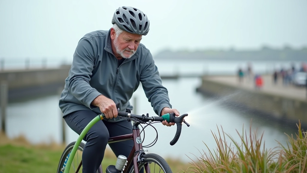 Person rinsing bicycle frame with fresh water from garden hose, coastal setting with estuary path in background