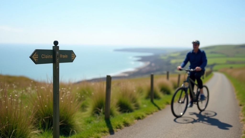 Scenic viewpoint along cycling path with water, distant hills, and picnic area