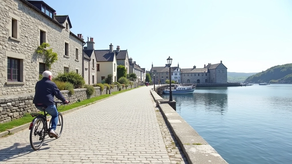 Waterford quayside with cobblestone promenade, medieval city walls, and estuary water in background with boats